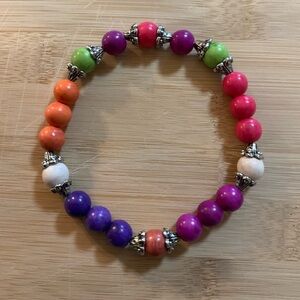 Hand Crafted Stretch Bracelet Multi Colored 9” Howlite Beads Antique Silver